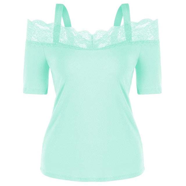 Summer Top T Shirt Women Fashion Solid Casual Short Sleeve Lace Off Shoulder Tops Tshirt Women Camisetas Verano Mujer 2019