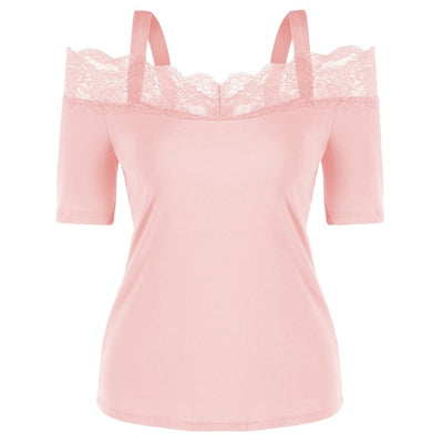 Summer Top T Shirt Women Fashion Solid Casual Short Sleeve Lace Off Shoulder Tops Tshirt Women Camisetas Verano Mujer 2019