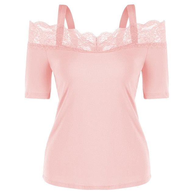 Summer Top T Shirt Women Fashion Solid Casual Short Sleeve Lace Off Shoulder Tops Tshirt Women Camisetas Verano Mujer 2019