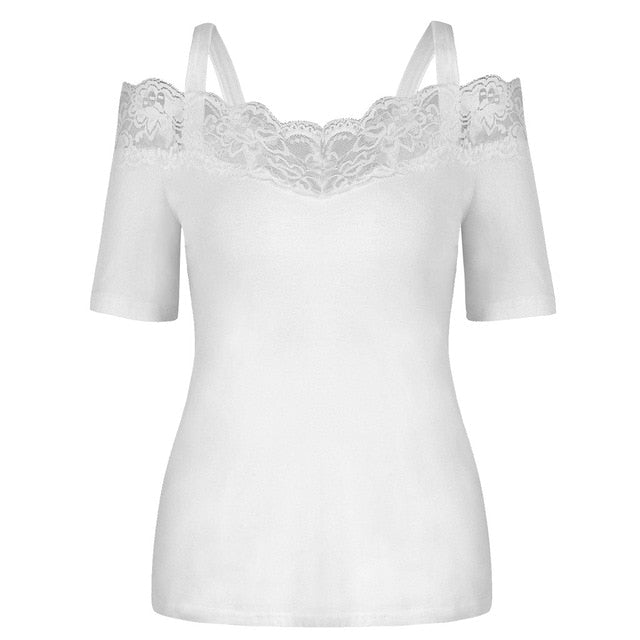 Summer Top T Shirt Women Fashion Solid Casual Short Sleeve Lace Off Shoulder Tops Tshirt Women Camisetas Verano Mujer 2019