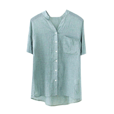 Summer Blouse Women Stand Collar Solid Short Sleeve Shirt Casual Blouse Button Down Shirt Casual Tops Plus Size Blusas Feminina