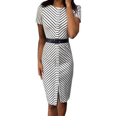 Summer Dress Women Casual Stripe Pritn O-Neck Short Sleeve Midi Dress Streetwear Bodycon Party Dresses Robe Mujer Vestidos