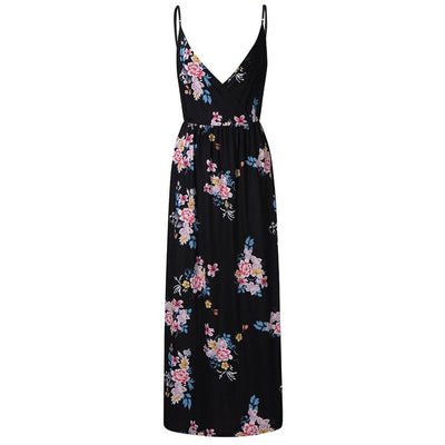 Summer Dress Women Floral Print Deep V-neck Summer Strap Halter Bohemian Beach Party Long Dresses Robe Femme Vestidos Mujer