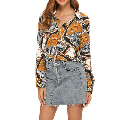 Women Turn Down Collar Long Sleeve Single-breasted Print Casual Kimono Top Womens Tops and Blouses Blusas Mujer de Moda 2019