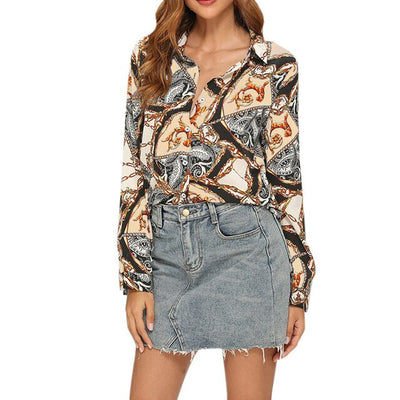 Women Turn Down Collar Long Sleeve Single-breasted Print Casual Kimono Top Womens Tops and Blouses Blusas Mujer de Moda 2019